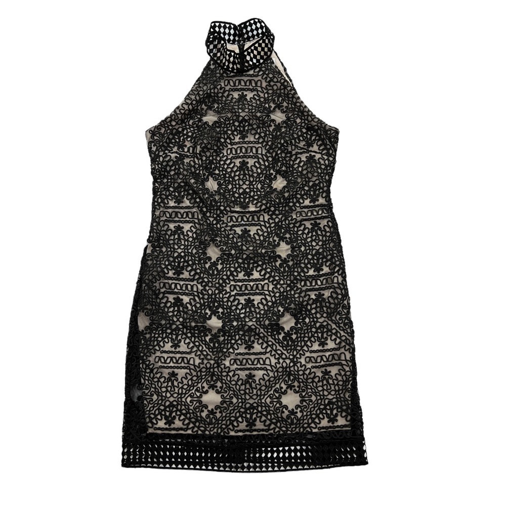 Nicole Miller Black Embroidered Applique High Neck Overlay Sheath Dress